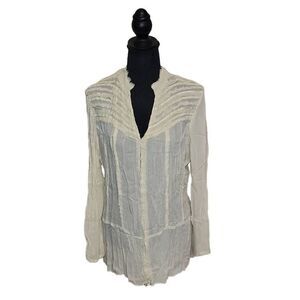 Vintage V-Neck Ruffle Front Clasp Closure Long Sleeve Blouse